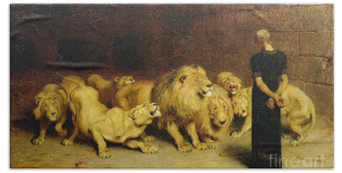 Daniel In The Lions Den Bath Sheet featuring the painting Daniel in the Lions Den by Briton Riviere