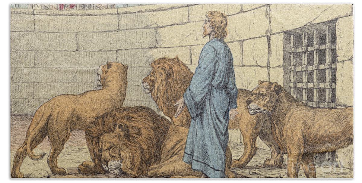 Bible Hand Towel featuring the drawing Daniel in the Lions' Den by French School
