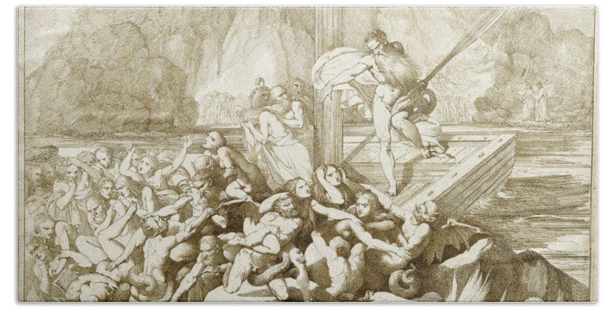 Luigi Sabatelli Bath Towel featuring the drawing Dante and Virgil watching Charon ferrying Souls to Hell by Luigi Sabatelli