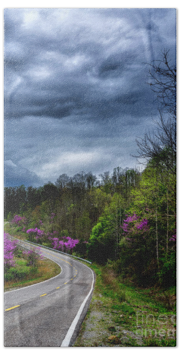 Spring Bath Towel featuring the photograph Dark Clouds over Redbud Highway by Thomas R Fletcher