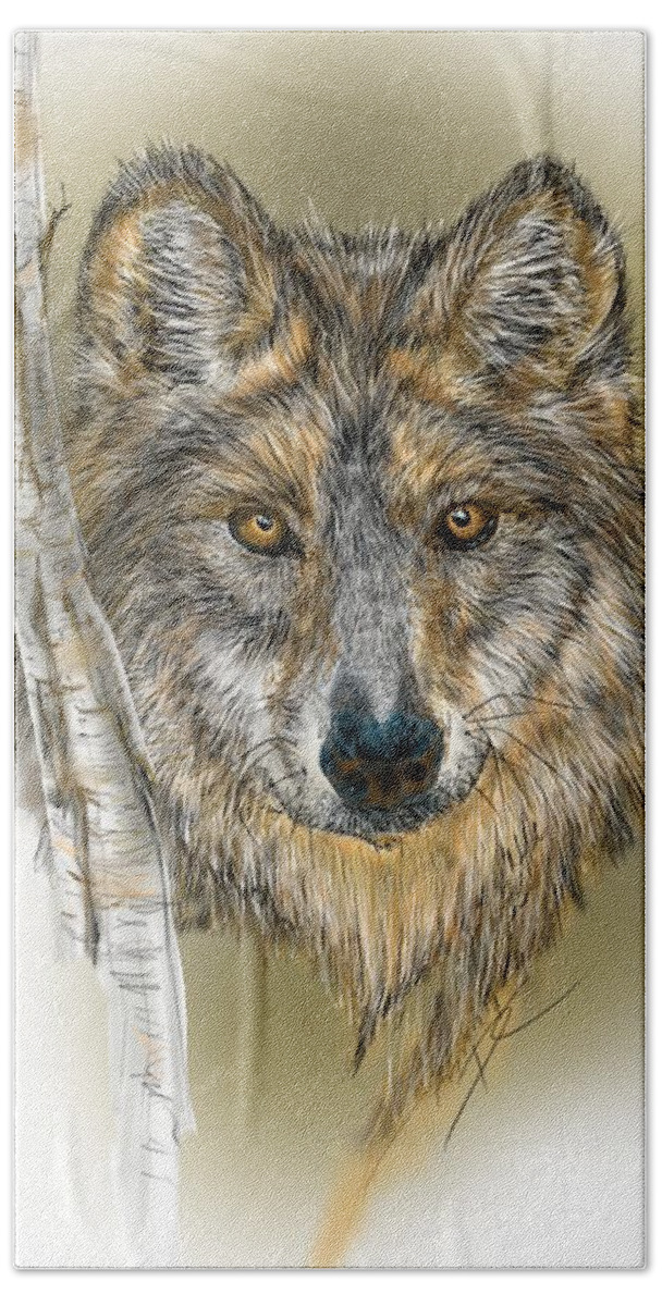 Wolf Bath Towel featuring the digital art Dark Wolf with Birch by Darren Cannell