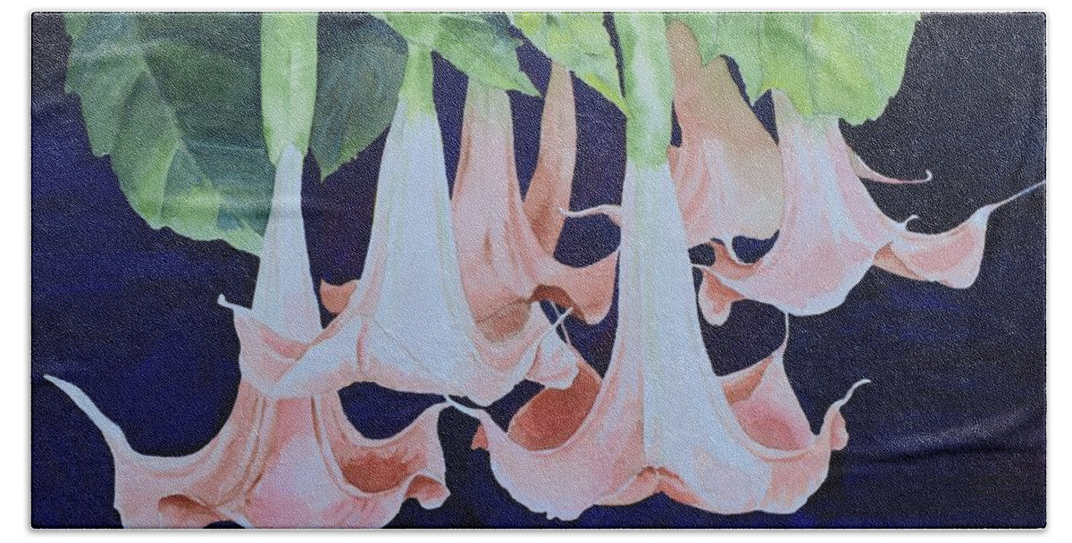 Datura Hand Towel featuring the painting Datura by Celene Terry