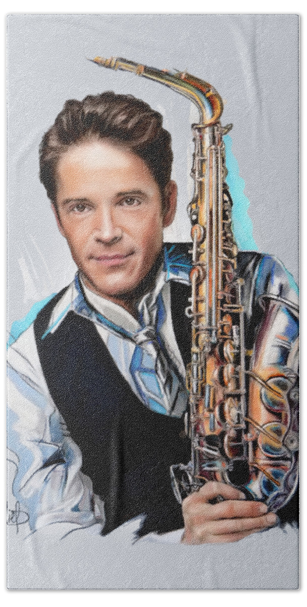 Dave Koz Hand Towel featuring the pastel Dave Koz by Melanie D