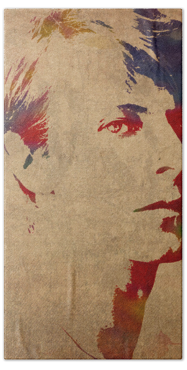 David Bowie Hand Towel featuring the mixed media David Bowie Rock Star Musician Watercolor Portrait on Worn Distressed Canvas by Design Turnpike