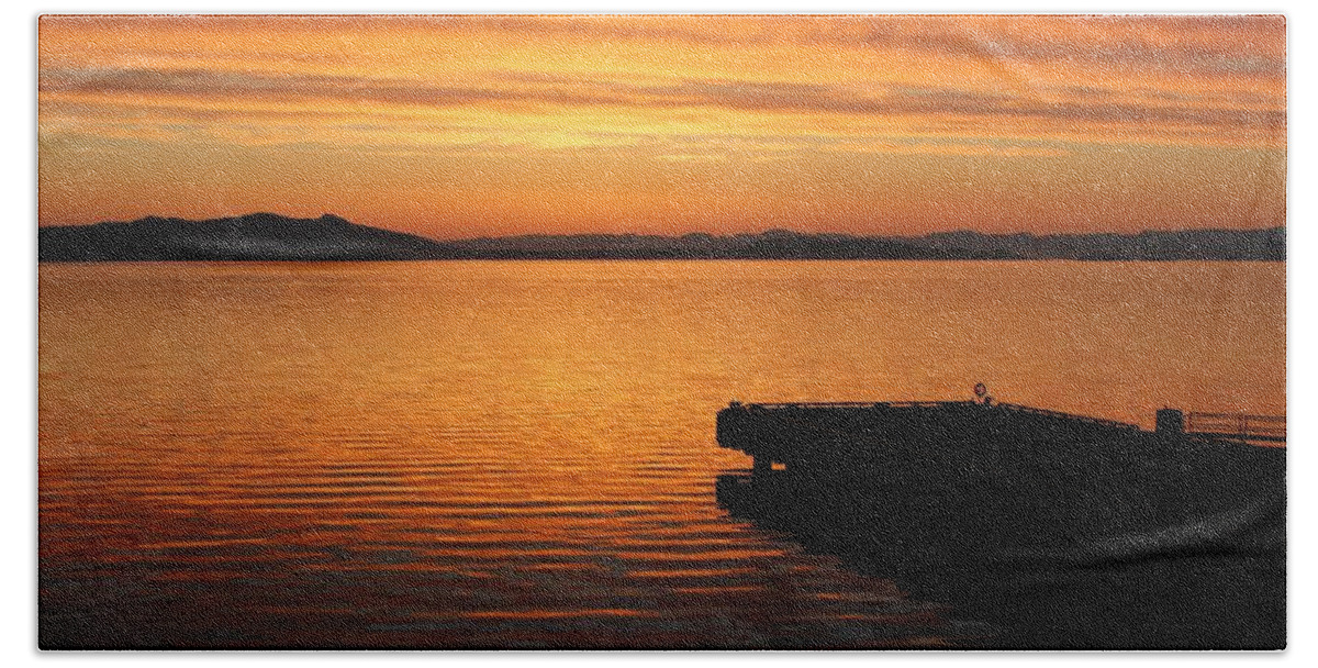 Dawn Hand Towel featuring the photograph Dawn on the water at Dusavik by Charles and Melisa Morrison