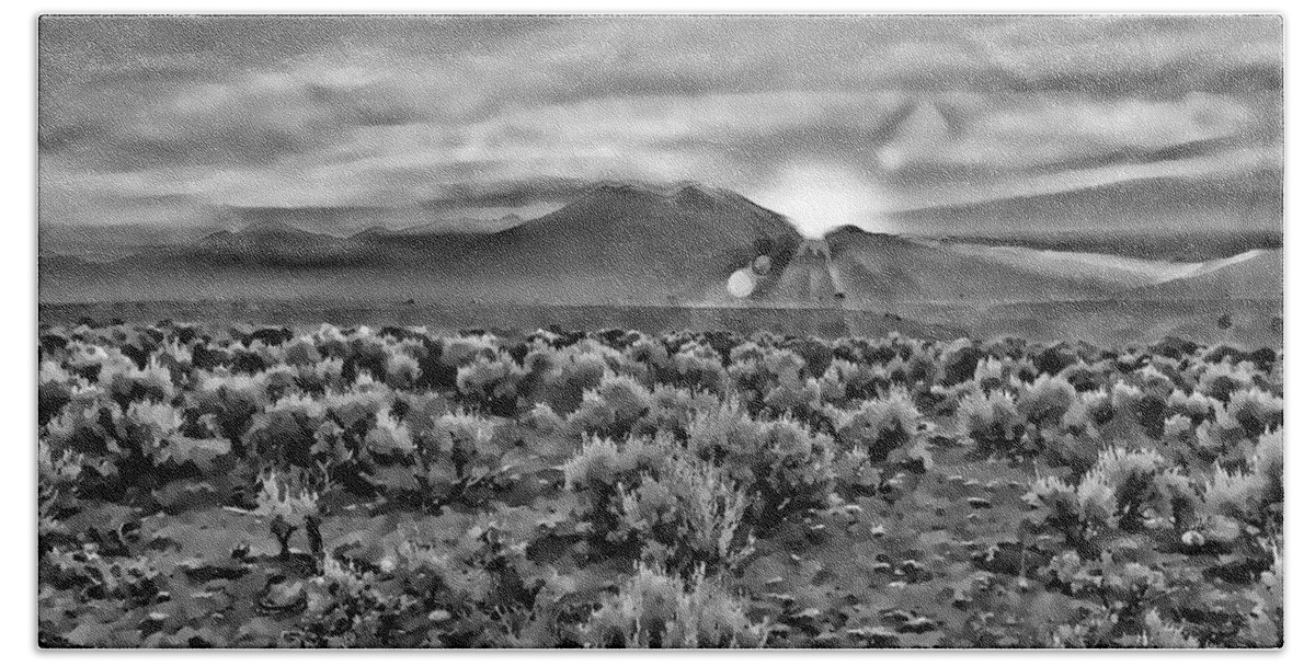  Dawn Hand Towel featuring the digital art Dawn over magic Taos in b-w by Charles Muhle