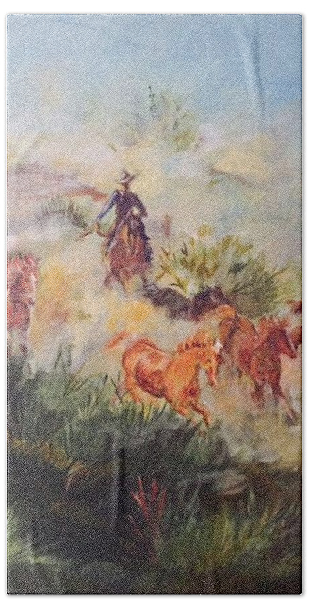 Cowboy Rounding Up The Remuda At Dawn; Horses Hand Towel featuring the painting Dawn Roundup by Charme Curtin