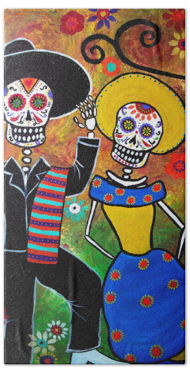 Mexican Hand Towel featuring the painting Day Of The Dead Bailar by Pristine Cartera Turkus