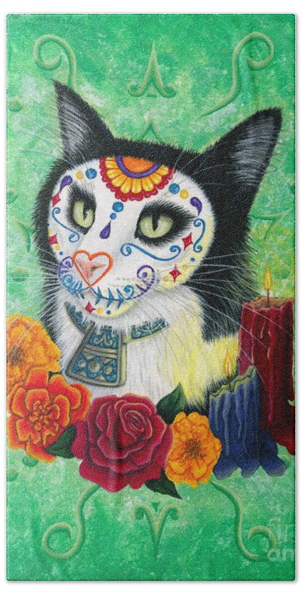 Dia De Los Muertos Gato Bath Towel featuring the painting Day of the Dead Cat Candles - Sugar Skull Cat by Carrie Hawks