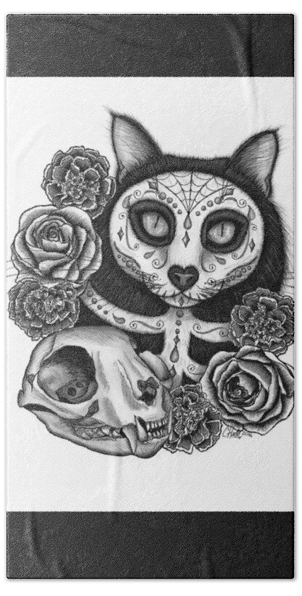 Dia De Los Muertos Gato Bath Towel featuring the drawing Day of the Dead Cat Skull - Sugar Skull Cat by Carrie Hawks