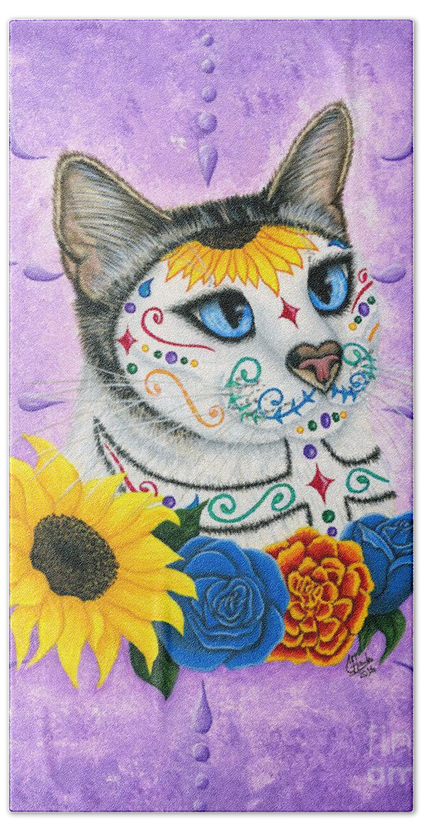 Dia De Los Muertos Gato Hand Towel featuring the painting Day of the Dead Cat Sunflowers - Sugar Skull Cat by Carrie Hawks