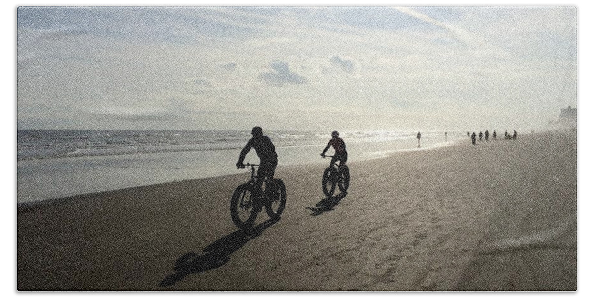 Early Morning Walking The Beach In Daytona Hand Towel featuring the photograph Daytona Beach Bikers by Audrey Peaty