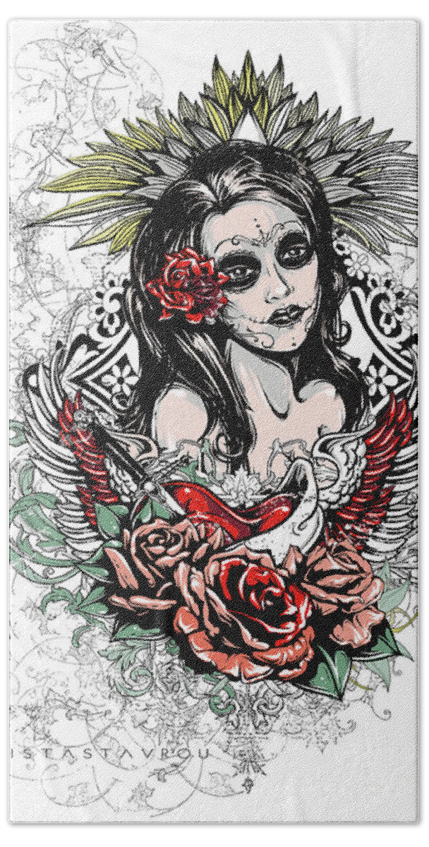 Red Hand Towel featuring the digital art Dead Queen Tattoo Art by Xrista Stavrou