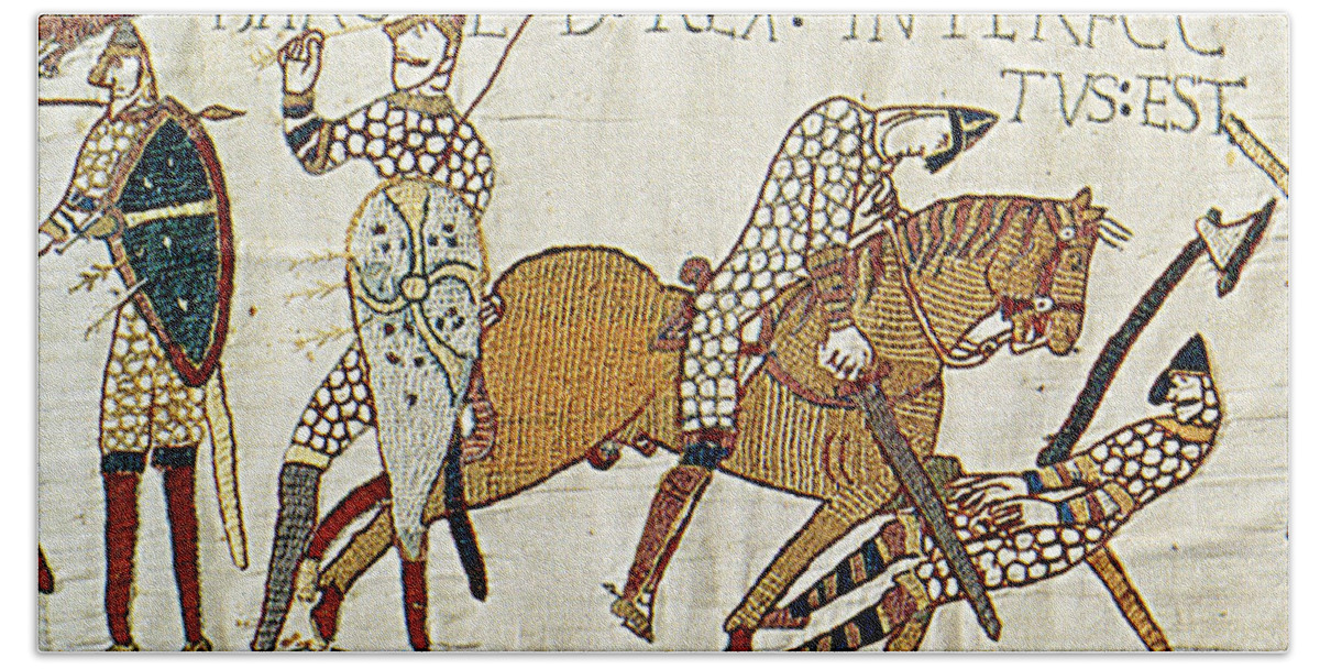History Hand Towel featuring the photograph Death Of Harold, Bayeux Tapestry by Photo Researchers