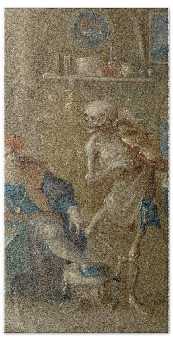Frans Francken The Younger Bath Towel featuring the painting Death playing the Violin by Frans Francken the Younger