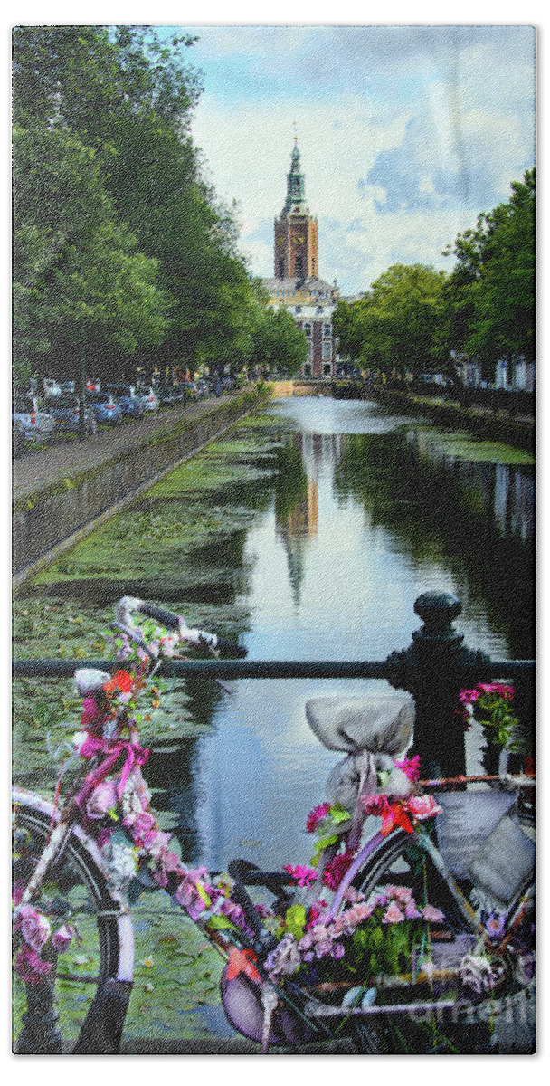 Europe Bath Towel featuring the photograph Canal and decorated bike in The Hague by RicardMN Photography