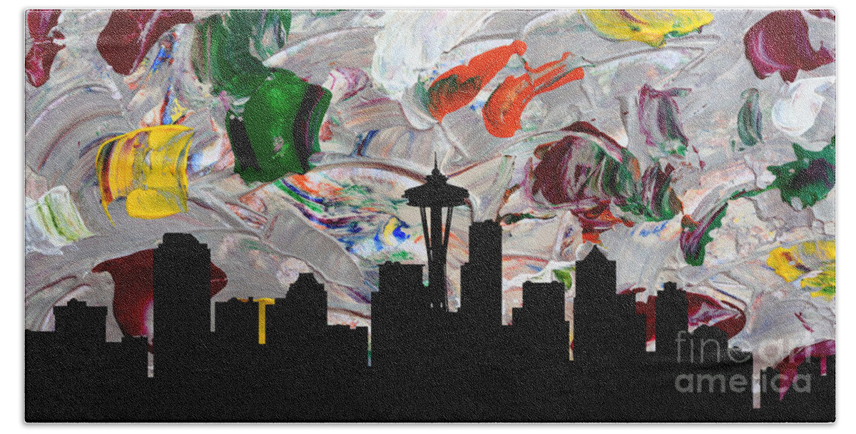 Martha Bath Towel featuring the painting Decorative Skyline Abstract Seattle T1115W by Mas Art Studio