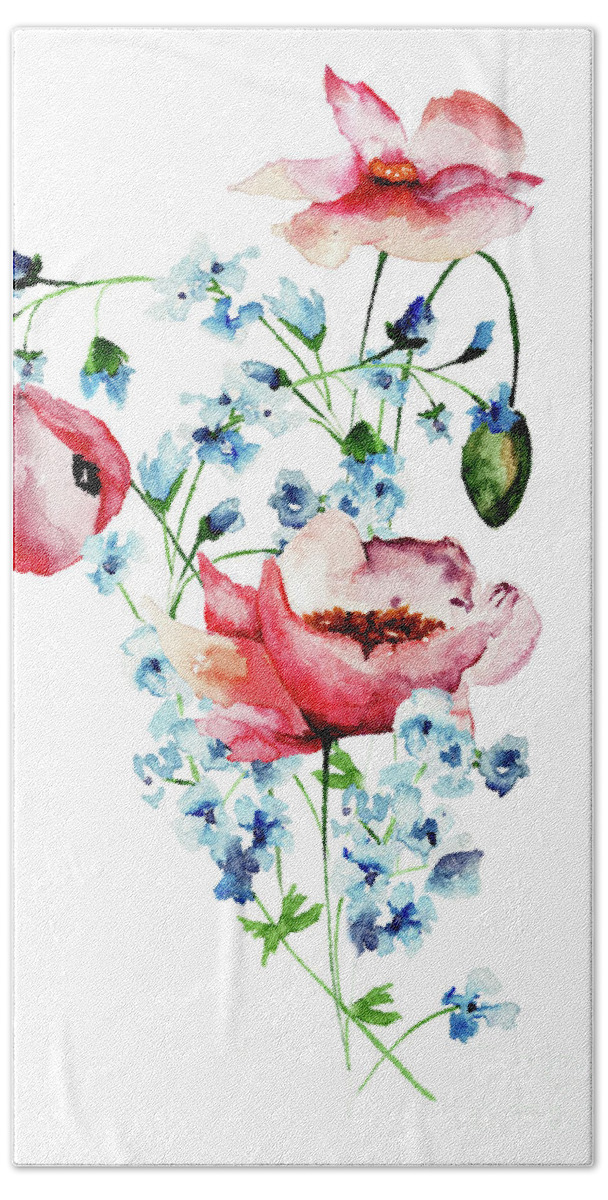Art Bath Towel featuring the painting Decorative wild flowers by Regina Jershova