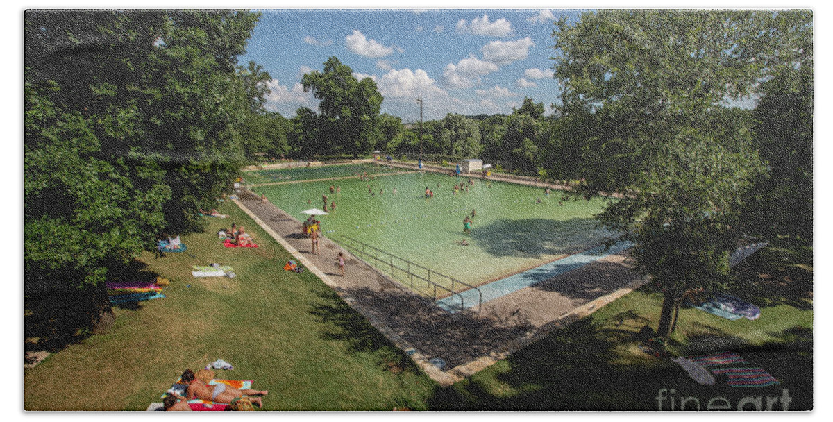 Deep Eddy Pool Hand Towel featuring the photograph Deep Eddy Pool is a hidden gem for sun tanning and a cool dip in the pool afterwards by Dan Herron