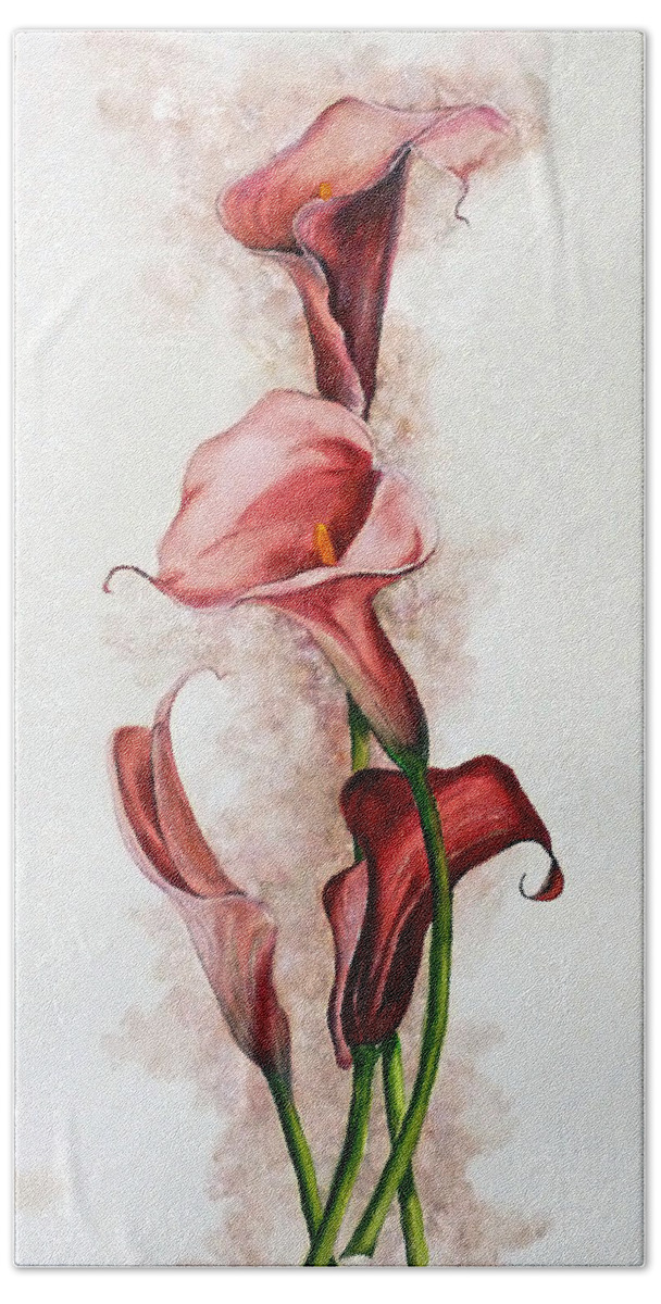 Floral Bath Sheet featuring the painting Deep Red Callas by Karin Dawn Kelshall- Best