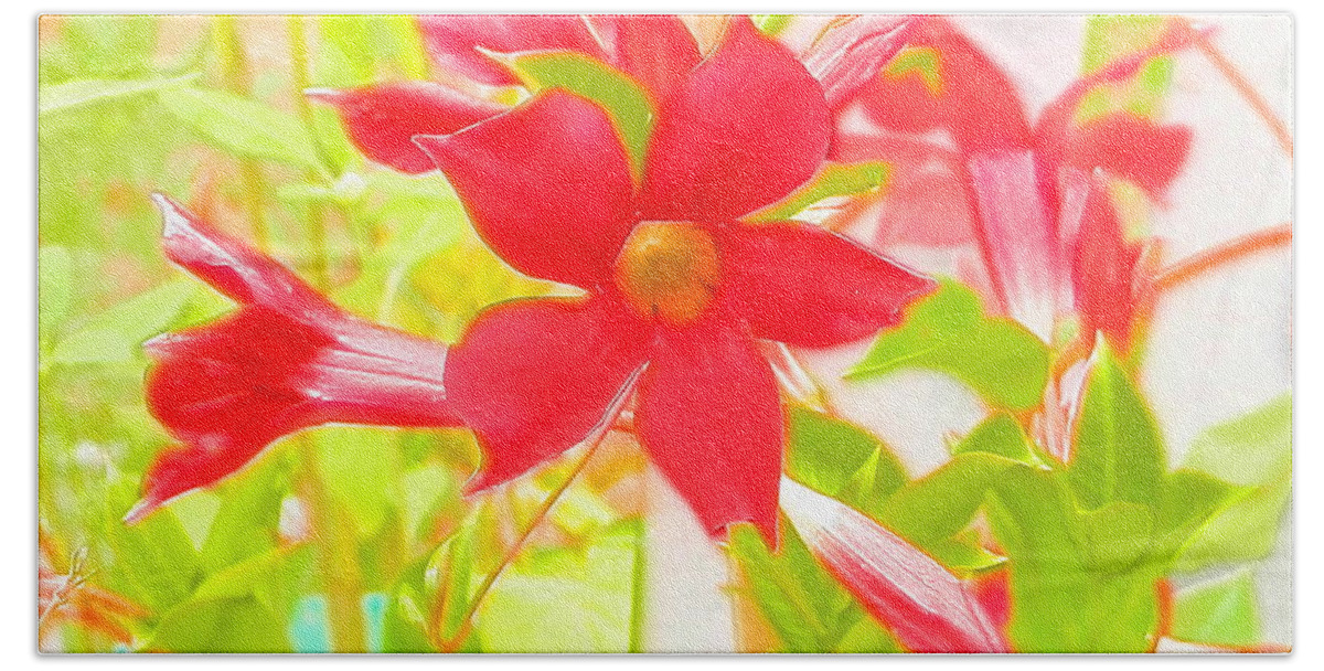 #watercolor #amazing #print #bright Deep #pinks #greens Lemon #lime Bath Towel featuring the photograph Deep Red Mandaville by Belinda Lee