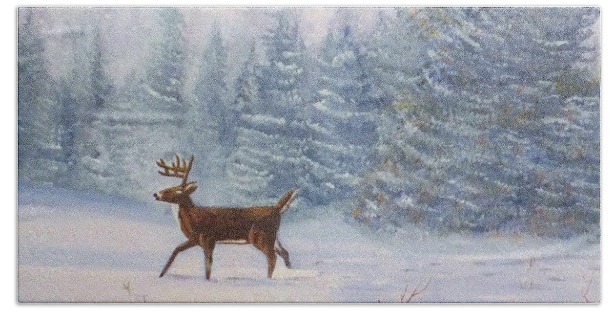Trees Hand Towel featuring the painting Deer In The Snow by Denise F Fulmer