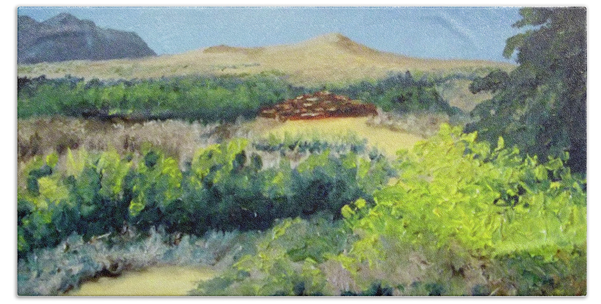 Landscape Hand Towel featuring the painting Defense Tower Ruins by Carl Owen