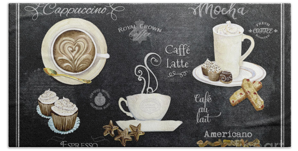 Coffee Art Hand Towel featuring the painting Deja Brew Chalkboard Coffee Cappuccino Mocha Caffe Latte by Audrey Jeanne Roberts