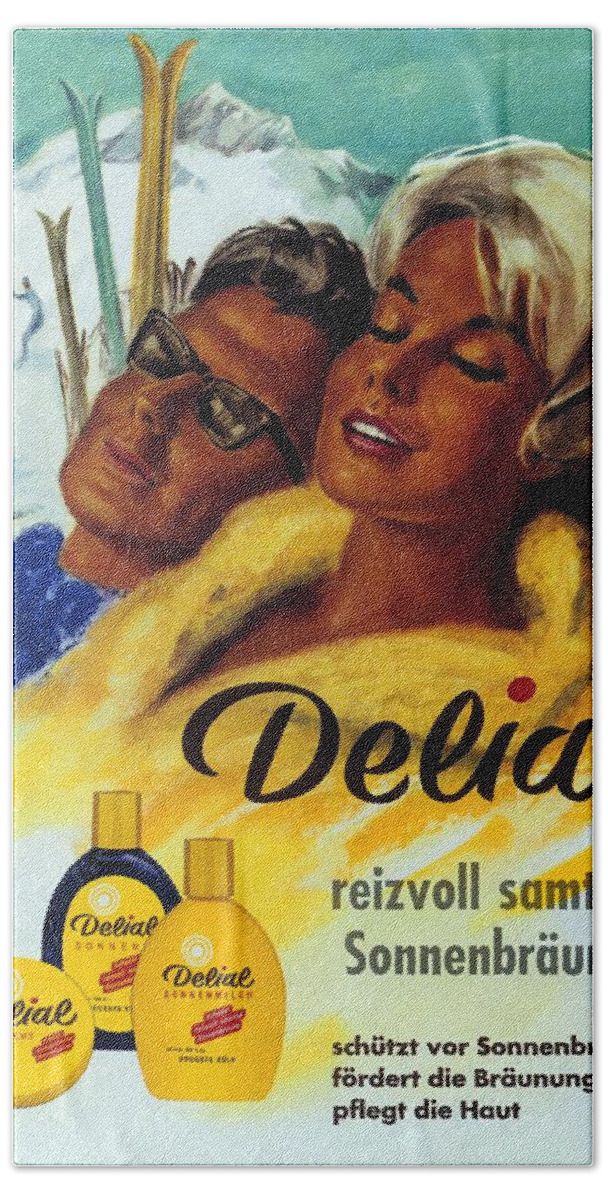 Delial Hand Towel featuring the mixed media Delial - Germany - Vintage Cream Advertising Poster by Studio Grafiikka
