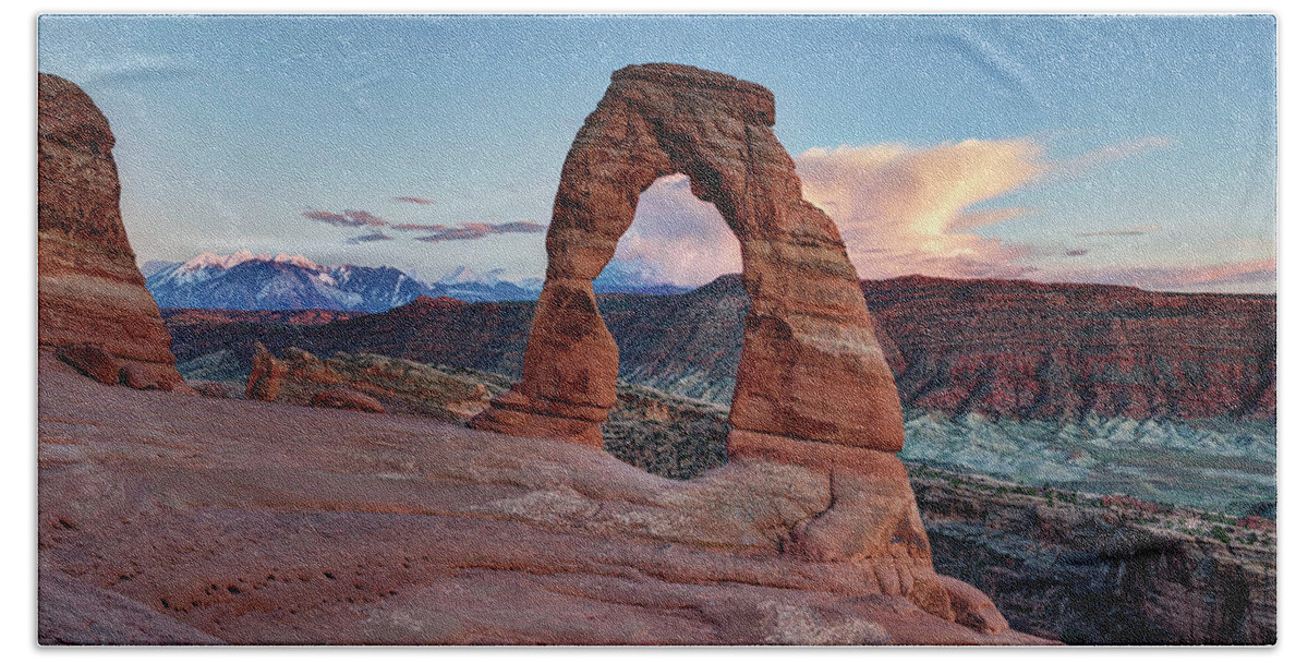 Delicate Arch Bath Towel featuring the photograph Delicate Arch by Lena Owens - OLena Art Vibrant Palette Knife and Graphic Design