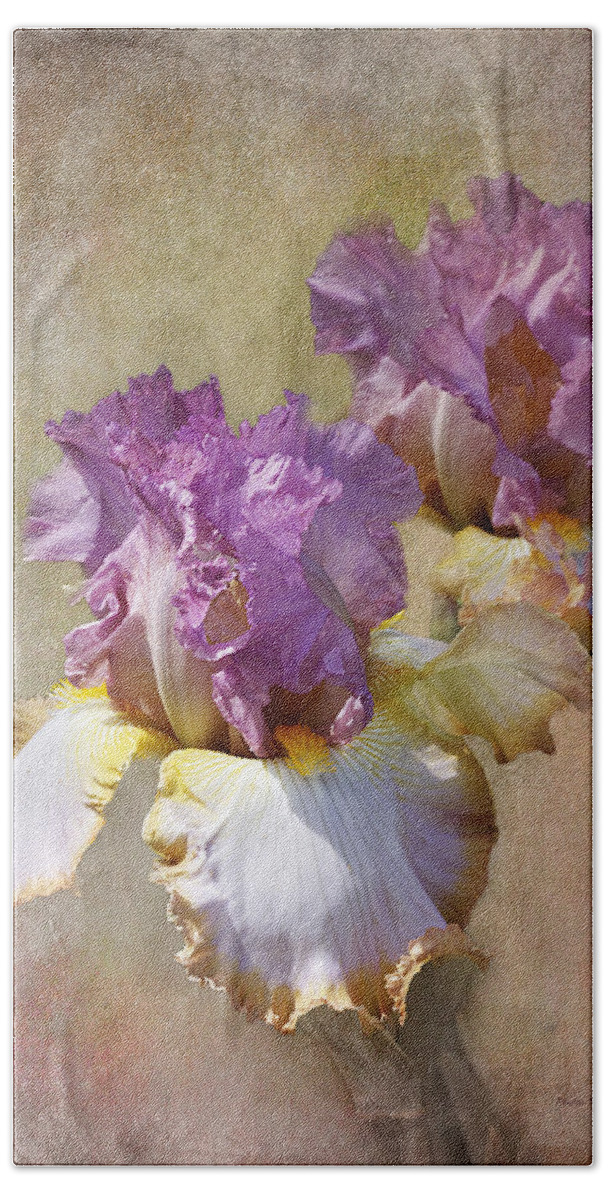 Flower Hand Towel featuring the photograph Delicate Gold And Lavender Iris by Phyllis Denton