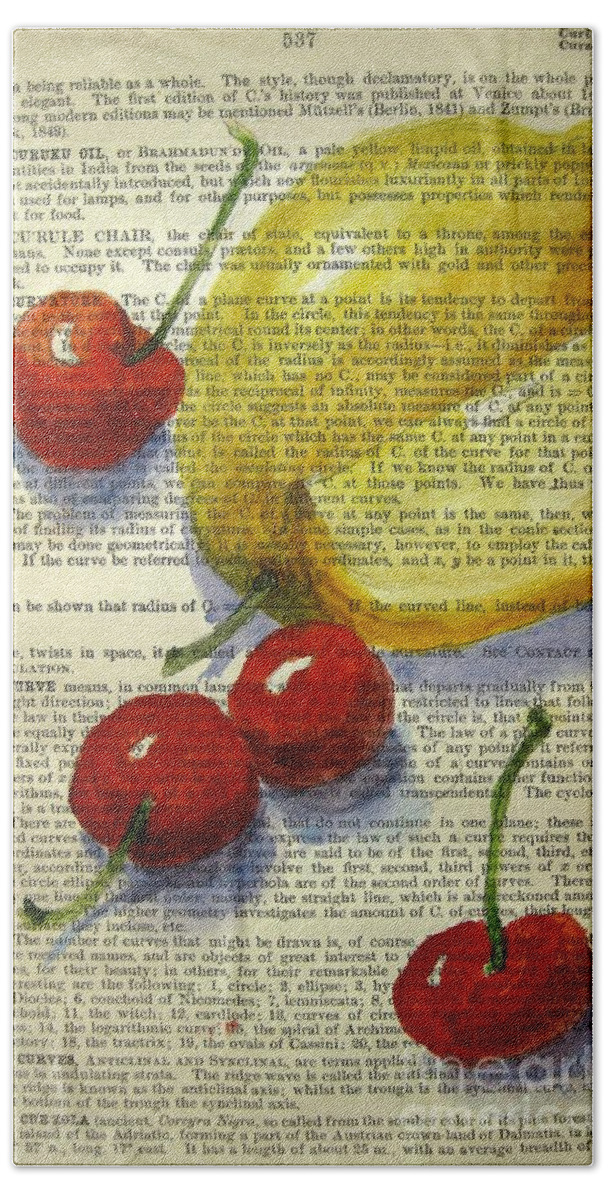 Cherries With Lemon Bath Towel featuring the painting Delighting the Senses by Maria Hunt