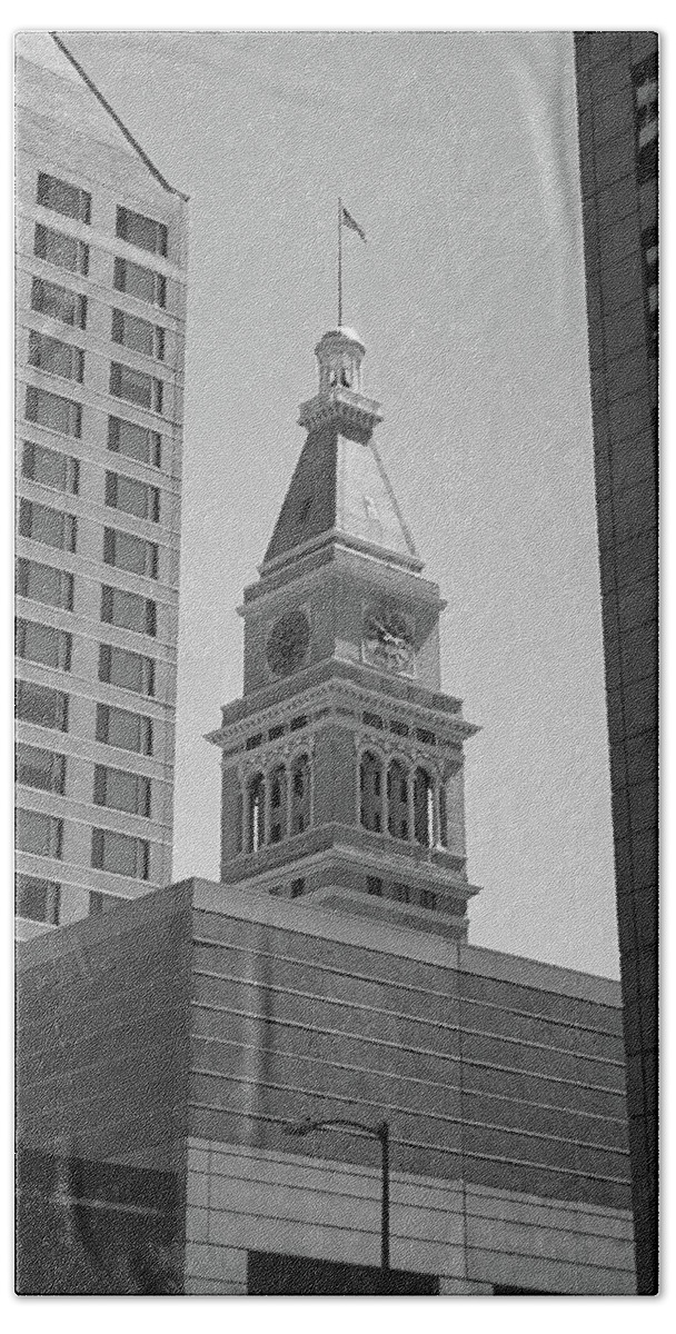 16th Hand Towel featuring the photograph Denver - Historic D and F Clocktower 2 BW by Frank Romeo