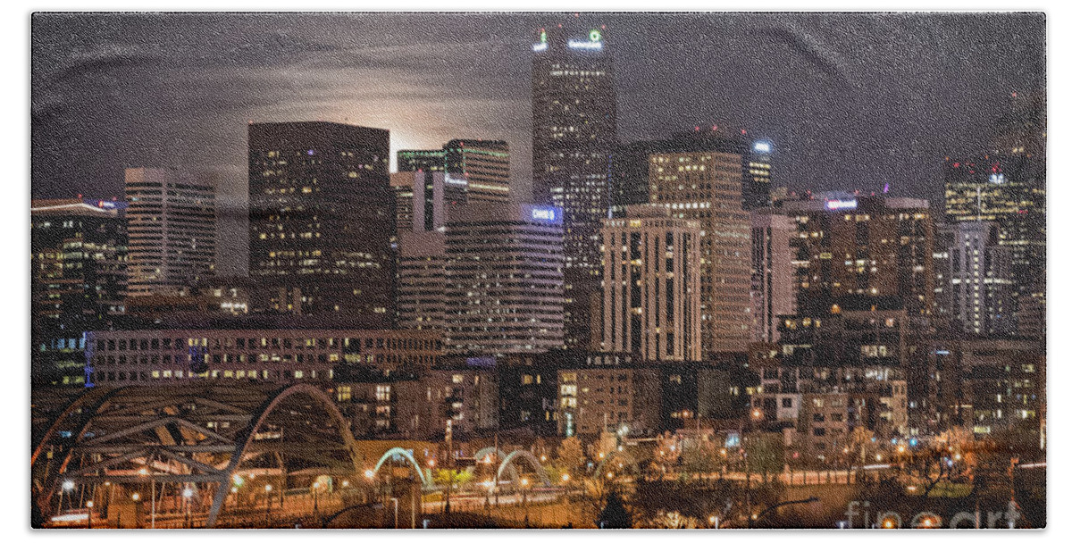 America Hand Towel featuring the photograph Denver Skyline at Night by Juli Scalzi