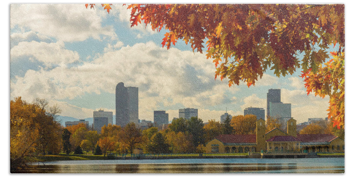 Denver Hand Towel featuring the photograph Denver Skyline Fall Foliage View by James BO Insogna