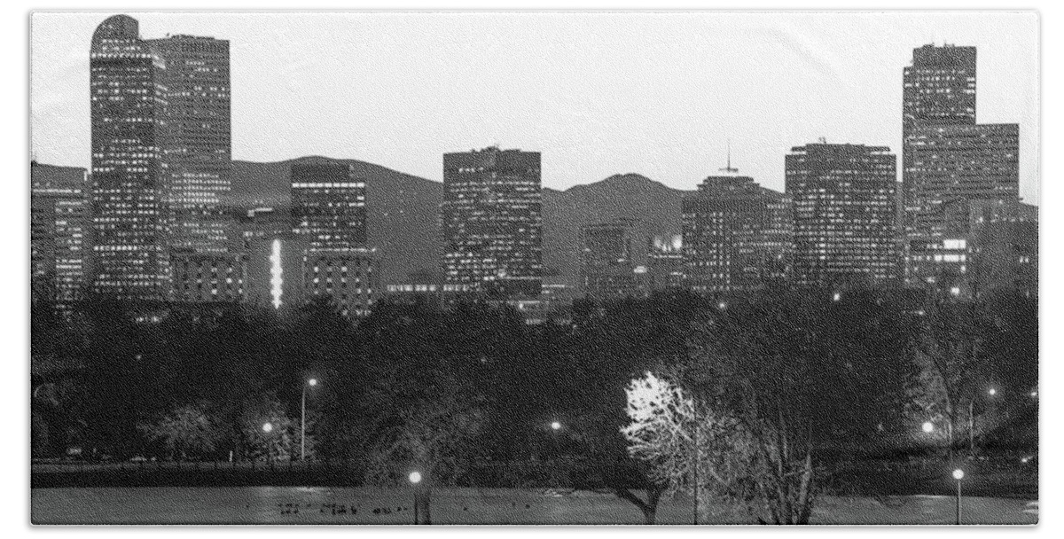 Denver Skyline Art Hand Towel featuring the photograph Denver Skyline Skyscrapers - Black and White Colorado Art by Gregory Ballos