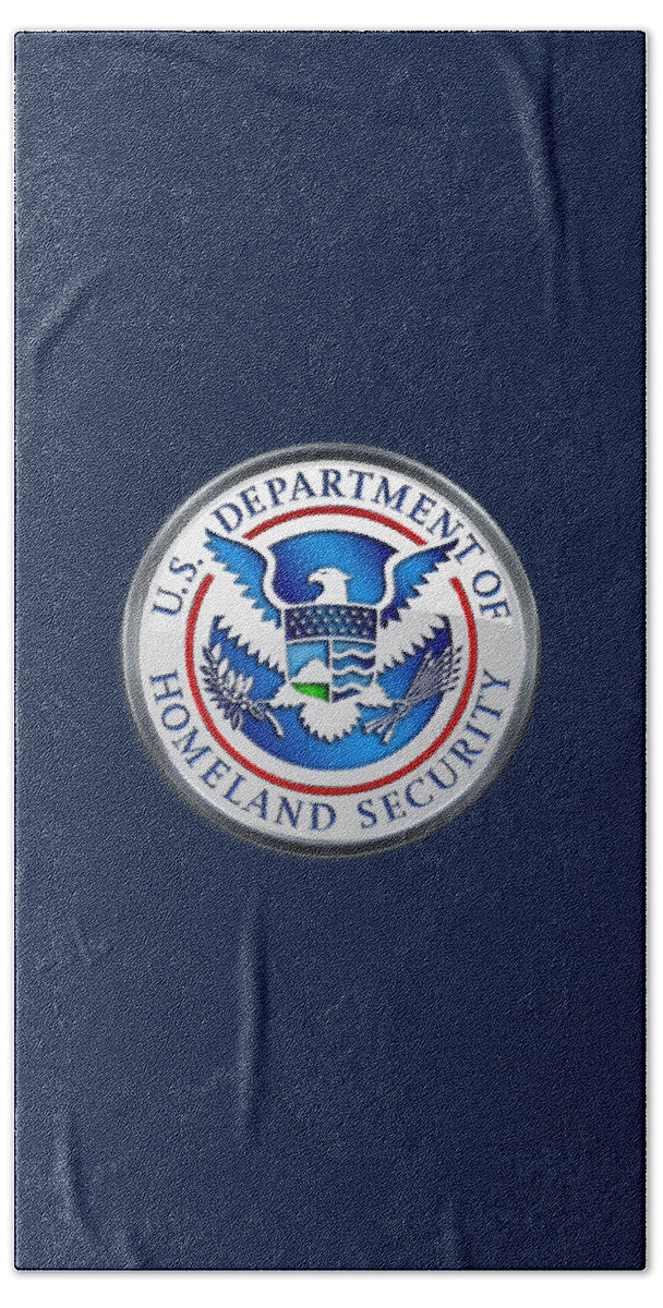 'military Insignia & Heraldry 3d' Collection By Serge Averbukh Bath Towel featuring the digital art Department of Homeland Security - D H S Emblem on Blue Velvet by Serge Averbukh