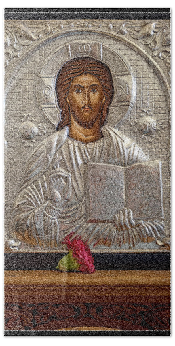Depiction Of Christ Bath Towel featuring the photograph Depiction of Christ -- Saint Barbara Greek Orthodox Church in Santa Barbara, California by Darin Volpe