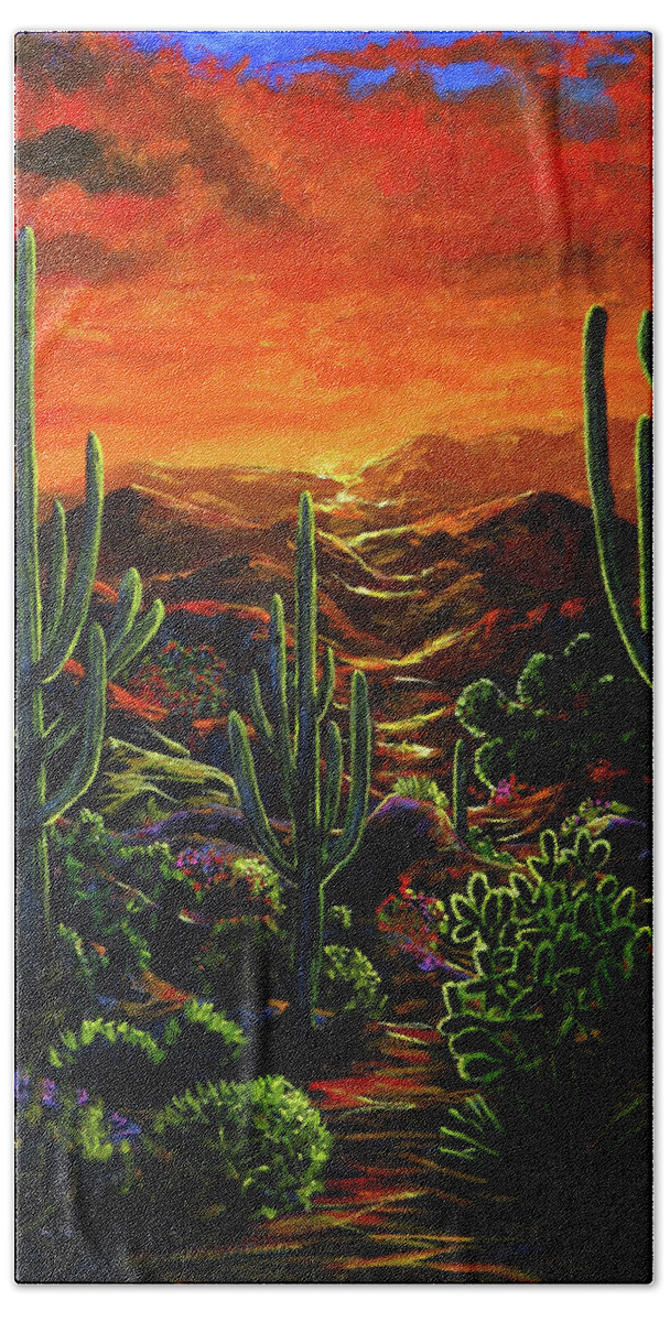 Sunset Bath Towel featuring the painting Desert Sunset by Lance Headlee