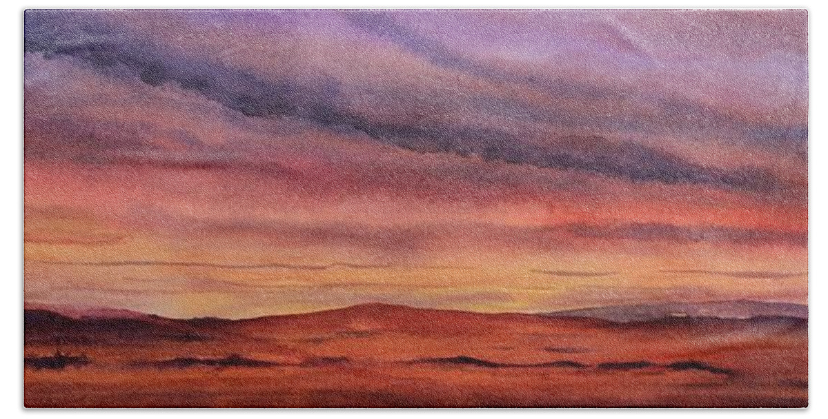 Desert Bath Towel featuring the painting Desert Sunset by Ruth Kamenev