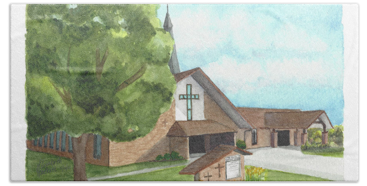 Desoto Bath Towel featuring the painting De Soto Baptist Church by Betsy Hackett