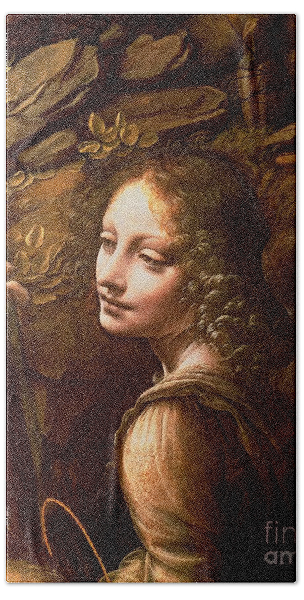 Leonardo Da Vinci Hand Towel featuring the painting Detail of the Angel from The Virgin of the Rocks by Leonardo Da Vinci