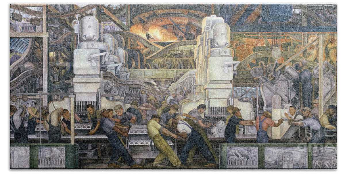 Machinery; Factory; Production Line; Labour; Worker; Male; Industrial Age; Technology; Automobile; Interior; Manufacturing; Work; Detroit Industry Hand Towel featuring the painting Detroit Industry  North Wall by Diego Rivera