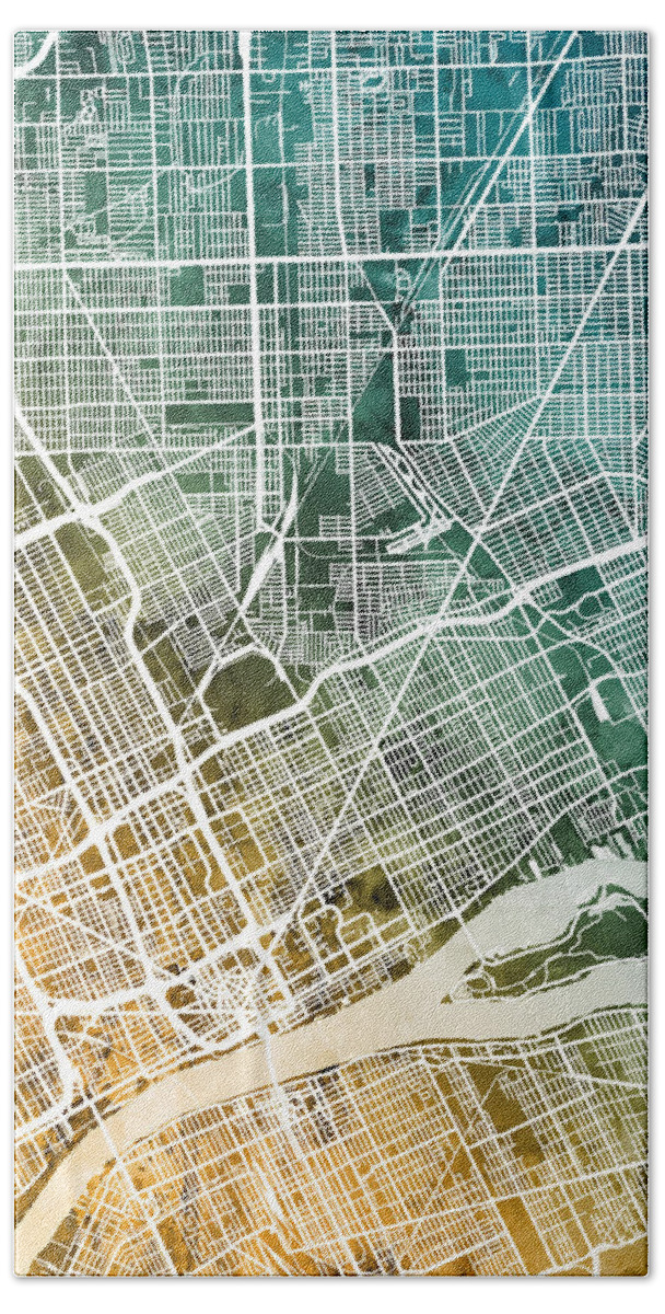 Detroit Bath Towel featuring the digital art Detroit Michigan City Map by Michael Tompsett