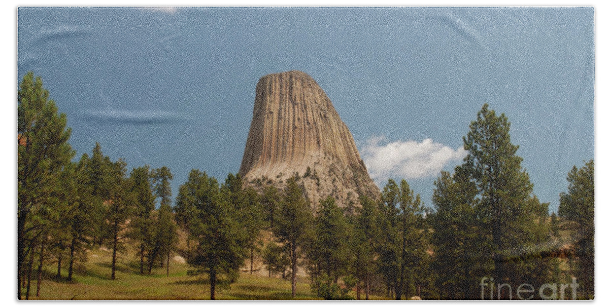 Devil's Tower National Monument Bath Towel featuring the photograph Devil's Tower and Trees by Julia McHugh