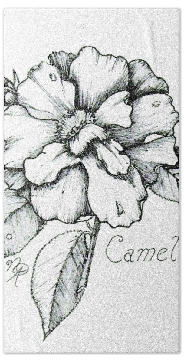 Camellia Hand Towel featuring the drawing Dew Kissed Camellia by Nicole Angell