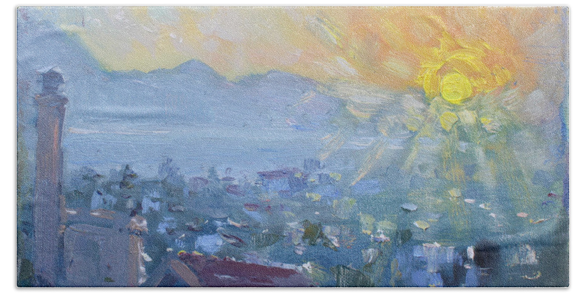 Sunrise Bath Sheet featuring the painting Dilesi in a Brand New Day by Ylli Haruni