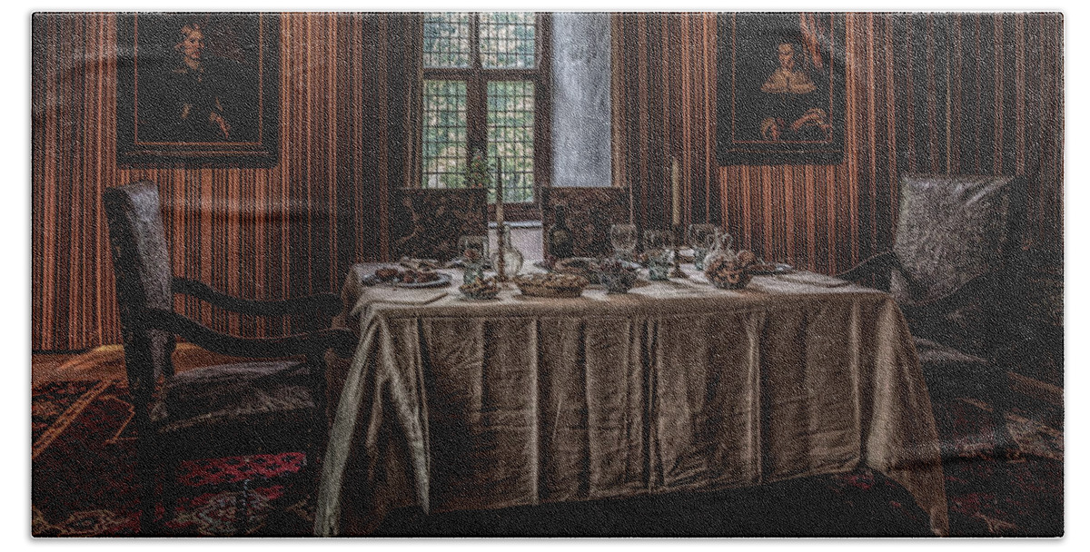 Arnhem Bath Towel featuring the photograph Dining room in castle Doorwerth by Tim Abeln