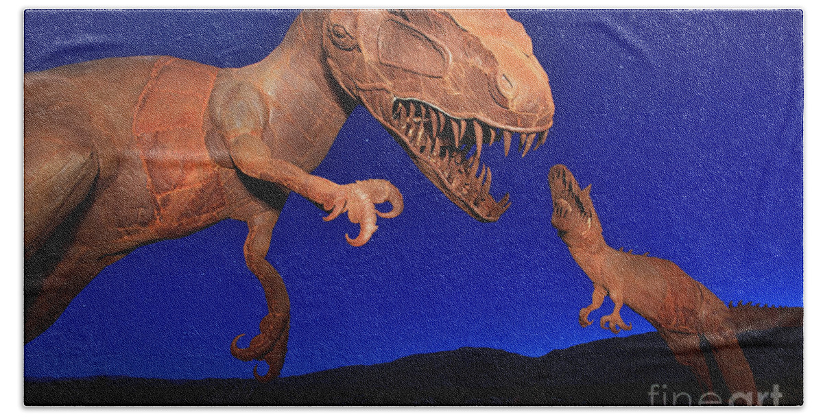 Dinosaurs Bath Towel featuring the photograph Dinosaur battle in Jurassic Park by Sam Antonio