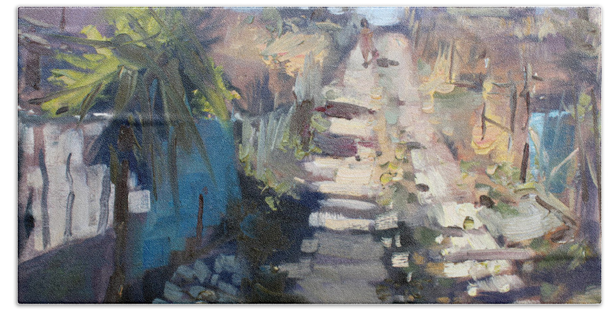 Dirt Road Hand Towel featuring the painting Dirt Road at Kostas Garden by Ylli Haruni